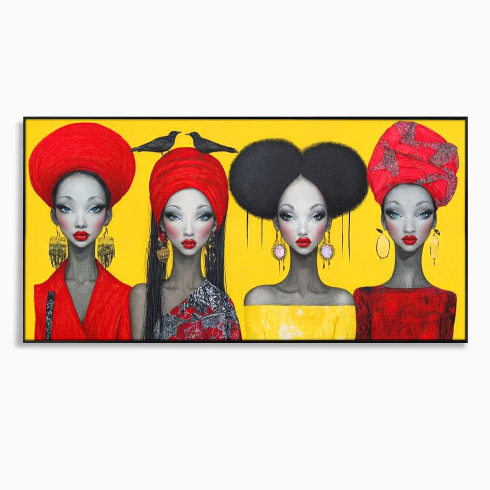 Tablou canvas cu ilustratie canvas cu patru femei stilizate, in rama de aluminiu negru